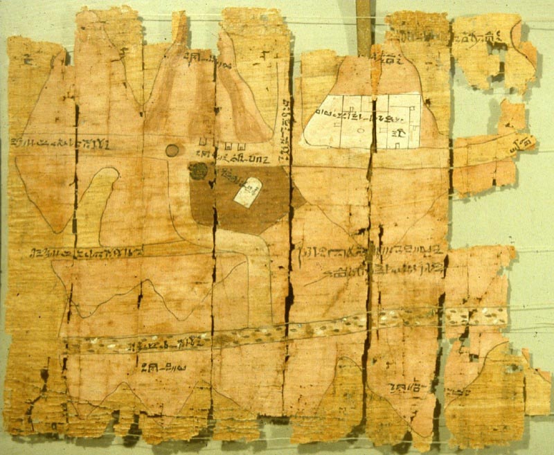 Fragments of Turin papyrus - an ancient Egyptian mining map (left half) for Ramesses IV's quarrying expedition. 