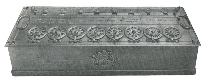 Pascaline calculator, produced in several versions, this one was made for adding French currency.