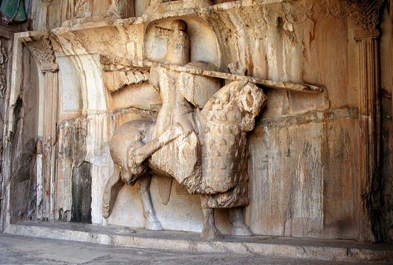 Taq-e Bostan: a statue of a Persian warrior and horse dating c.640.