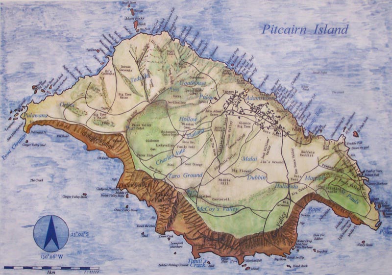 A modern map of Pitcairn Island.