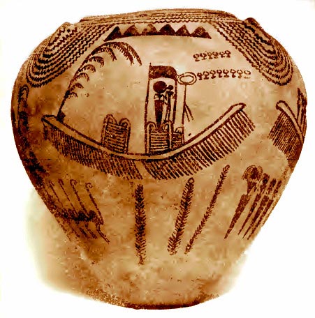 Predynastic boat as depicted on a pottery vase in Ancient Egyptian Ships and Shipping by William F. Edgerton.