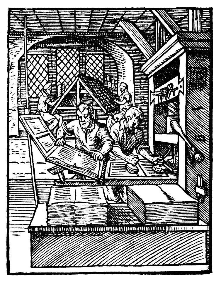 Early depiction of a printing press. 