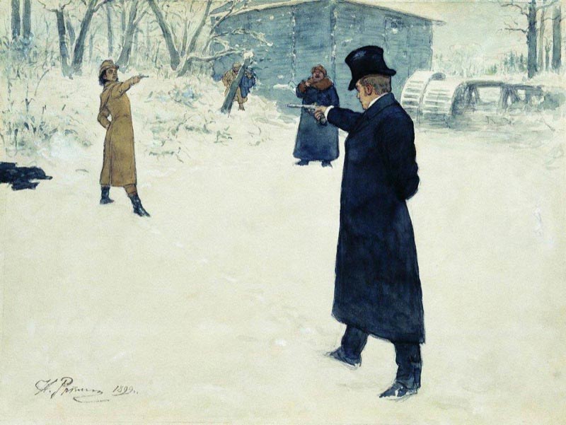 Eugene Onegin and Vladimir Lensky's duel. Illustration from Pushkin's Eugene Onegin.
