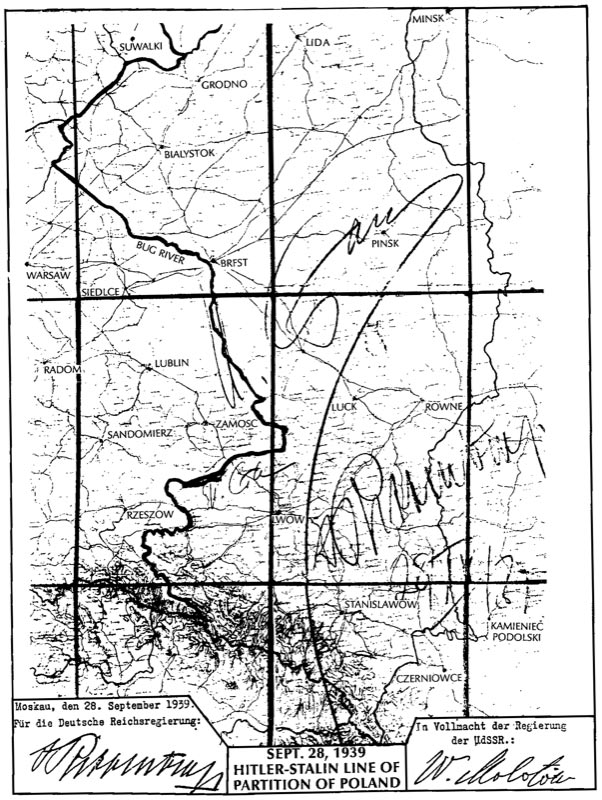 The map from the secret appendix to the Molotov-Ribbentrop Pact showing the new German-Soviet border.