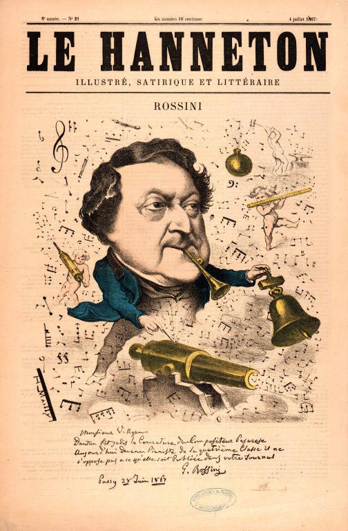 Caricature of Rossini from Le Hanneton, a satirical magazine in print during Rossini's era.