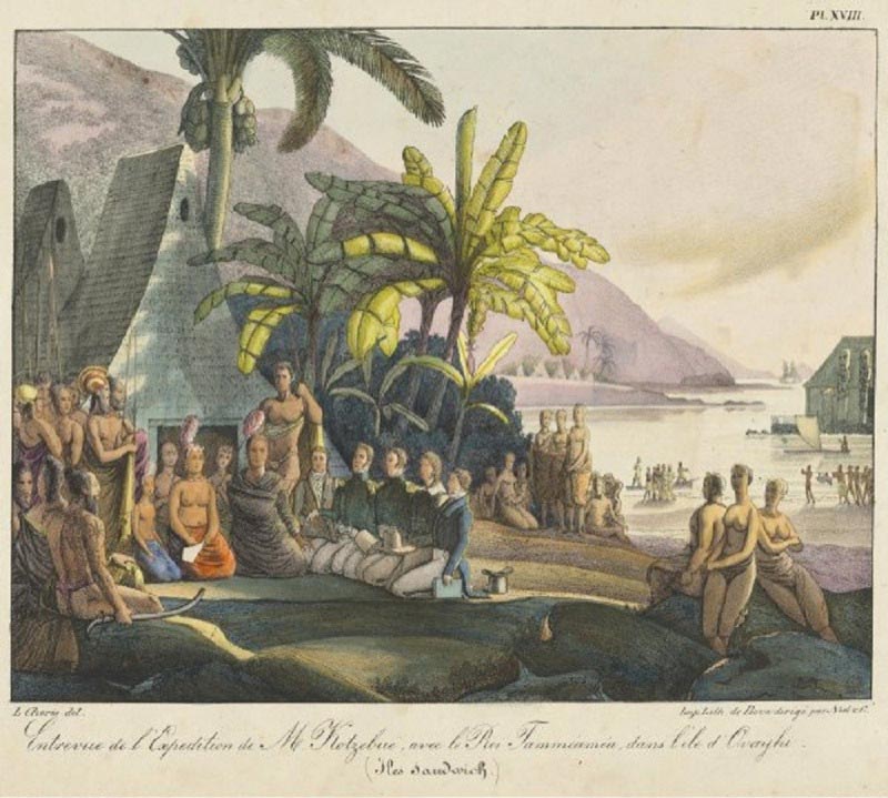 Mr. Kotzebue being interviewed by the king of Tammeamea Ovayhi, Sandwich Islands. Illustration by Louis Choris. 