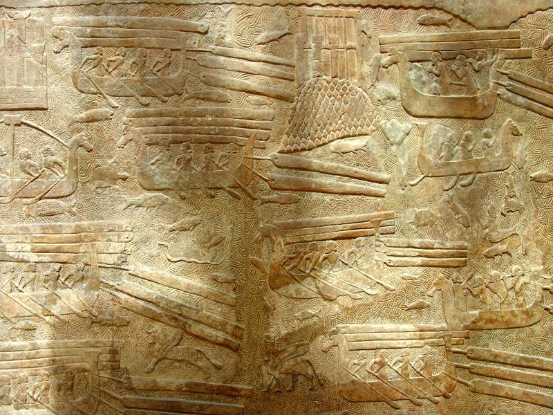 Phoenician ships from the palace of Sargon II, kept at the Musée du Louvre.