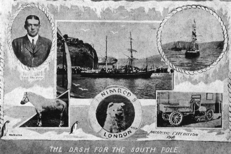 Collage of images including views of the Nimrod, to commemorate the Dash for the South Pole by Ernest Shackleton, 1908.