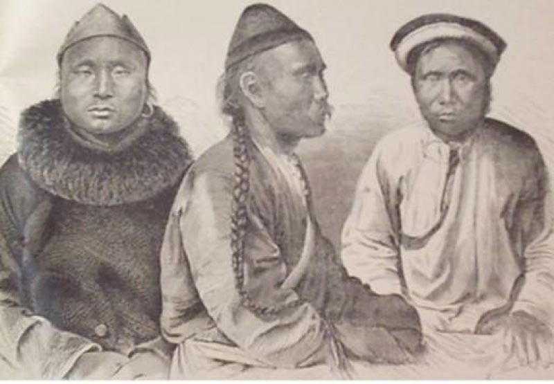 Lithography showing three peoples of Siberia wearing fur.