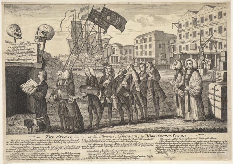 A political cartoon. The Stamp Act is put to rest in a funeral procession on a London quay.