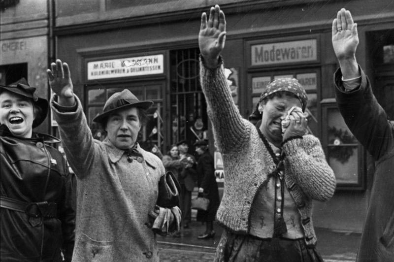 People of Cheb salute the German troops entering the town in the Anschluss of the Sudetenland in October 1938.
