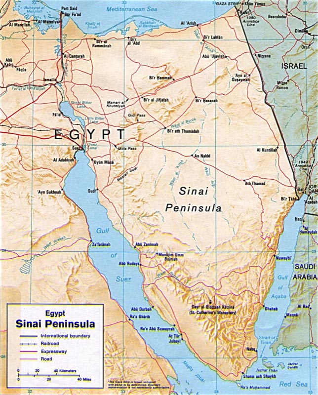 Shaded relief map of the Sinai Peninsula.