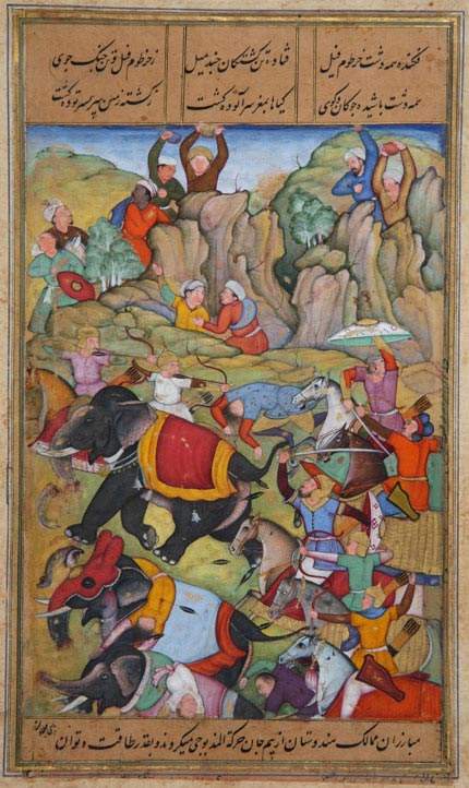 The Defeat by Tamerlane of the Sultan of Delhi, Nasir Al-Din Mahmum Tughluq, in the winter of 1397-1398.