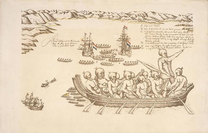 A view of the Murderers' Bay. A drawing made by Abel Tasman's artist during their voyage.