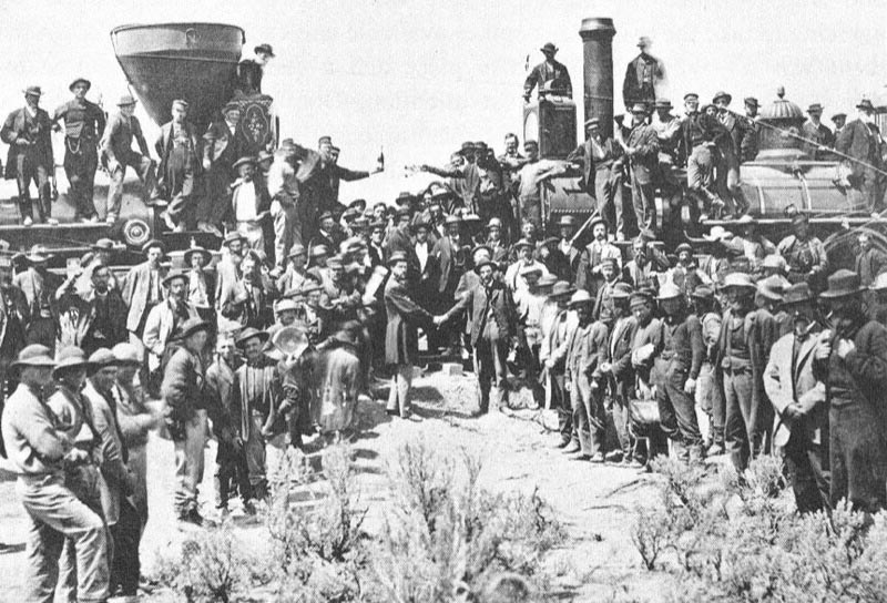The ceremony commemorating the driving of the golden spike on the first transcontinental railroad in North America, May 10, 1869.