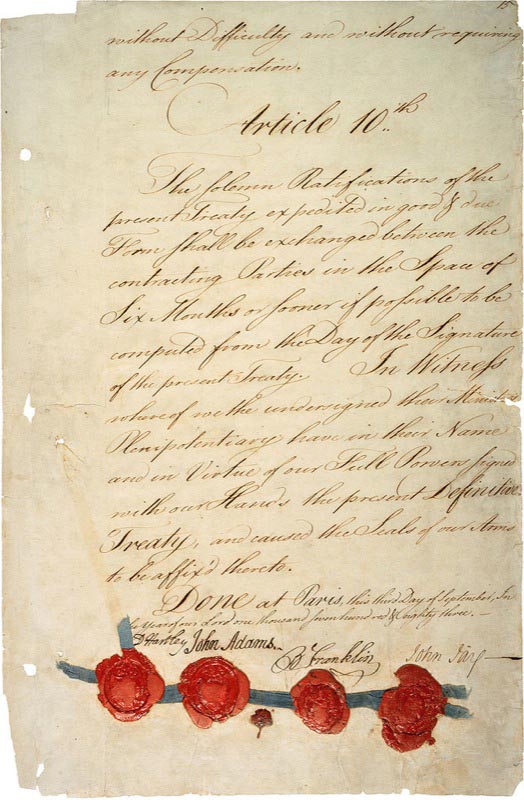 The last page of the 1783 Treaty of Paris. Signed by John Adams, Benjamin Franklin, John Jay and David Hartley.