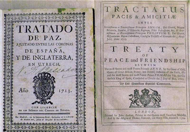 A first edition of the Treaty of Utrecht in Spanish (left), and a copy printed in 1714 in Latin and English (right).