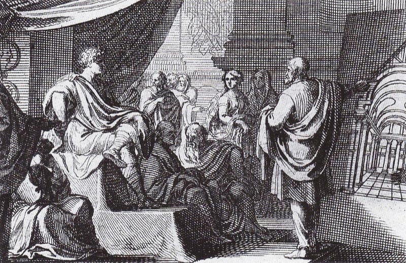 A depiction of Vitruvius presenting De Architectura to Augustus.