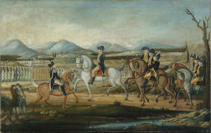 George Washington and troops, just before they march to suppress the Whiskey Rebellion. By Frederick Kemmelmeyer.