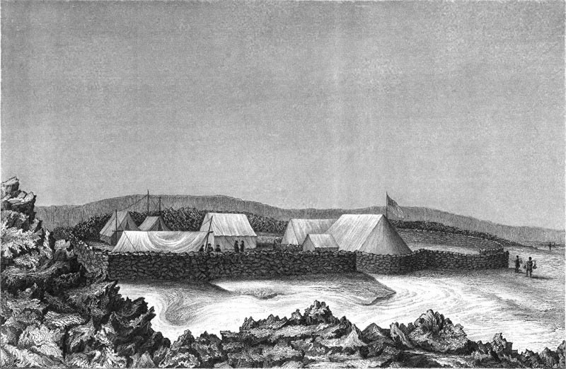 Illustration from Wilkes's journal of the US Exploratory Expedition, 1841 by artist Alfred Agate of their camp site at Mokuaweoweo, the summit of Mauna Loa.