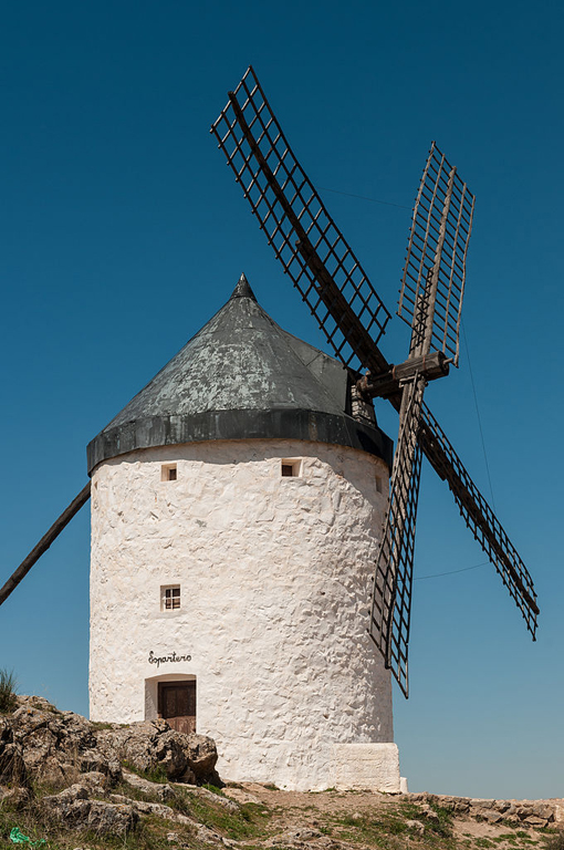 Example of a restored 12th Century vertical windmill. This one is located in the province of Toledo, Castile-La Mancha, Spain.