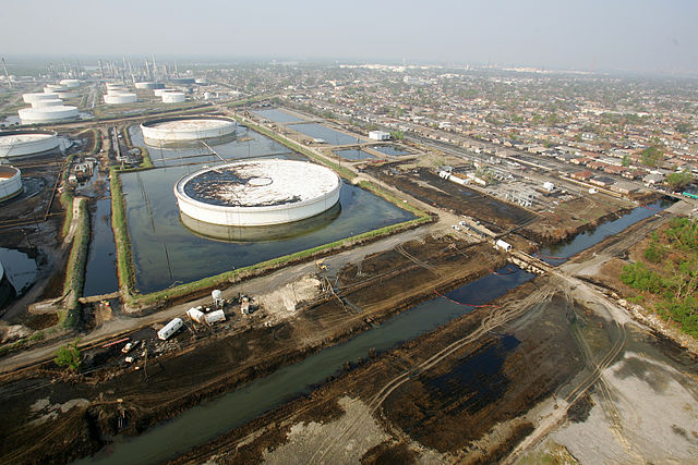 Aftermath of Hurricane Katrina: Chalmette, LA. An oil spill occurred when a Murphy Oil tank was forced from its foundation by Hurricane Katrina's storm surge.