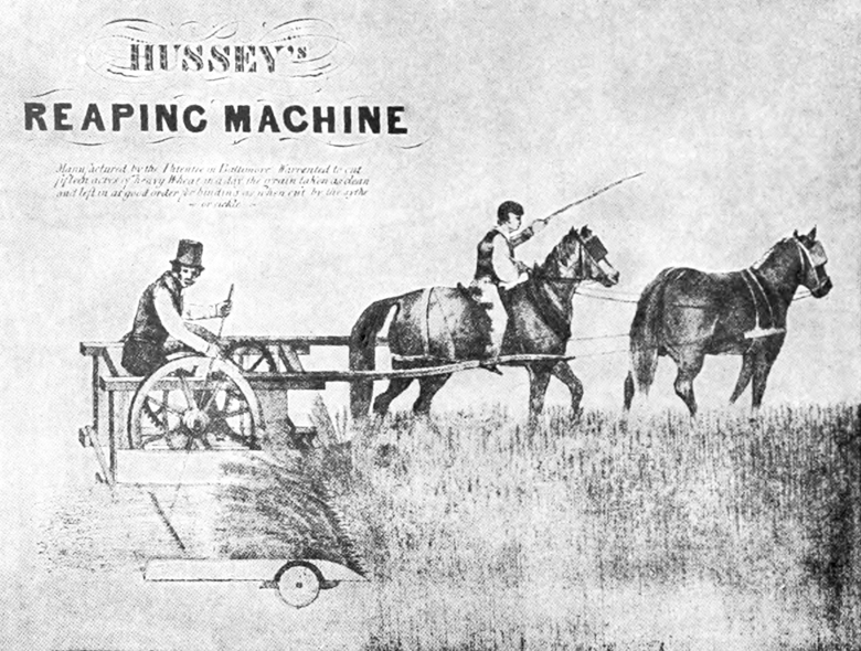 A reaping machine patented by Obed Hussey in 1833.