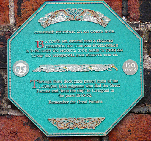 Plaque commemorating the Irish famine, 1845-52 By the gates to Clarence Dock.
