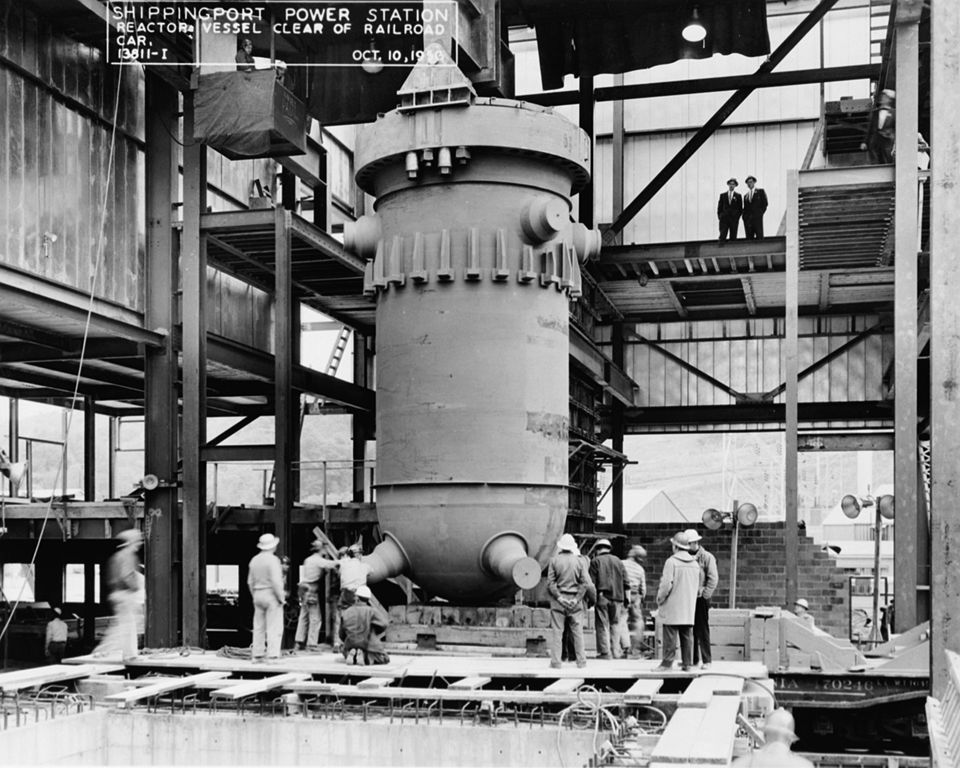 A photograph taken during the construction of Shippingport Atomic Power Station.
