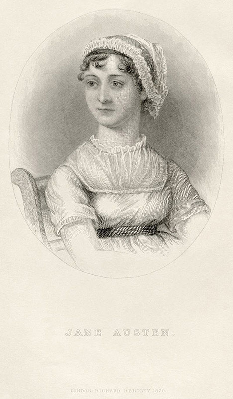 Jane Austen, from a watercolour by James Andrews of Maidenhead based on an unfinished work by Cassandra Austen. Engraving by William Home Lizars. - A Memoir of Jane Austen by her nephew J. E. Austen-Leigh, Vicar of Bray, Berks. London: Richard Bentley, Ne