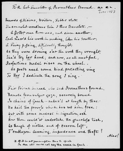 "To the last translator of Prometheus bound." Ms. poem. For Elizabeth Barrett Browning. 1833 June