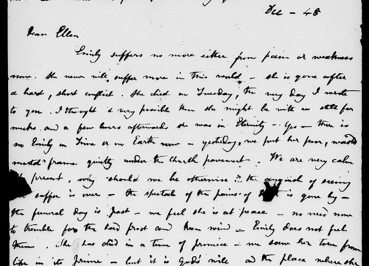 Brontë, Charlotte. ALS to Ellen Nussey. Mutilated. Relates to the death of Emily Brontë, December 1848