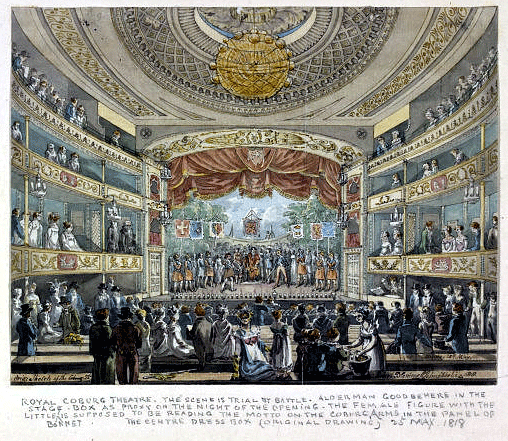 Stage and audience, viewed from the pit of the Royal Coburg Theatre (Later the Old Vic), Surrey, 1818