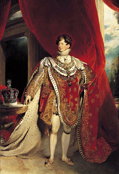 King George IV depicted wearing coronation robes and four collars of chivalric orders: the Golden Fleece, Royal Guelphic, Bath and Garter.