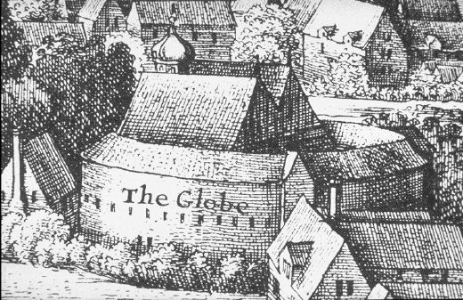 The Old Globe theatre — a print of the original theatre in London. Created in 1642 by Wenceslas Hollar for his Long View of London. The label "The Globe" has been superimposed; in the original drawing, the building was mistakenly labelled "beere baiting".