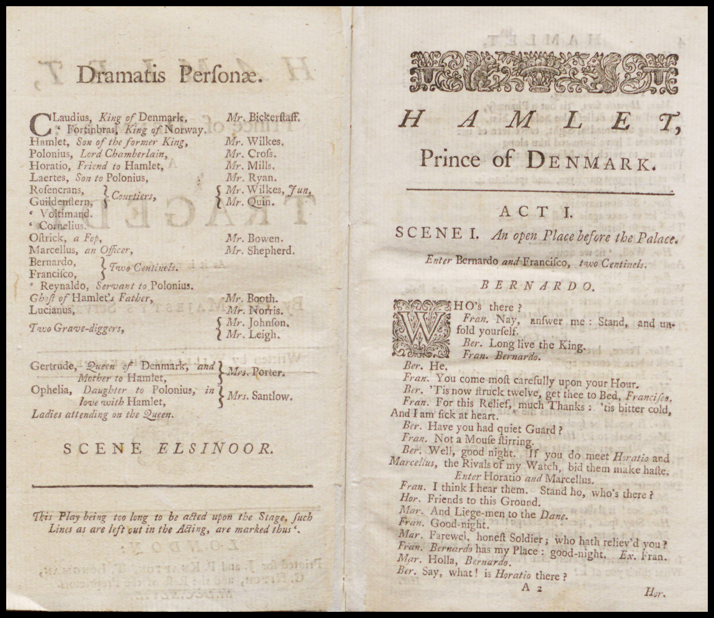 Title page of Garrick's Hamlet prompt book.