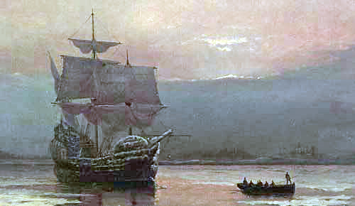 "Mayflower in Plymouth Harbor," by William Halsall, 1882 at Pilgrim Hall Museum, Plymouth, Massachusetts, USA