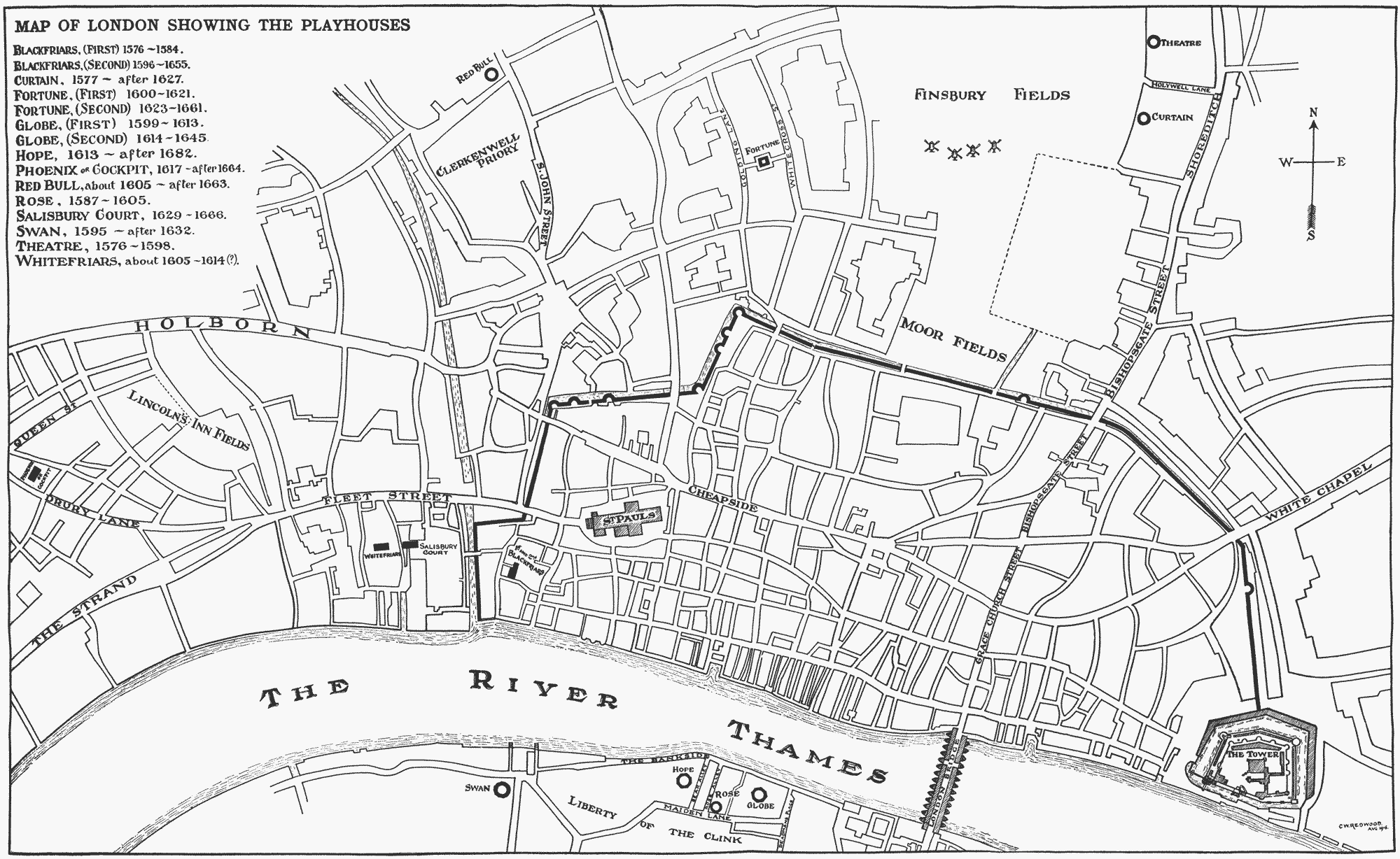 London map showing Shakespearean theatres, in the 16th and 17th centuries