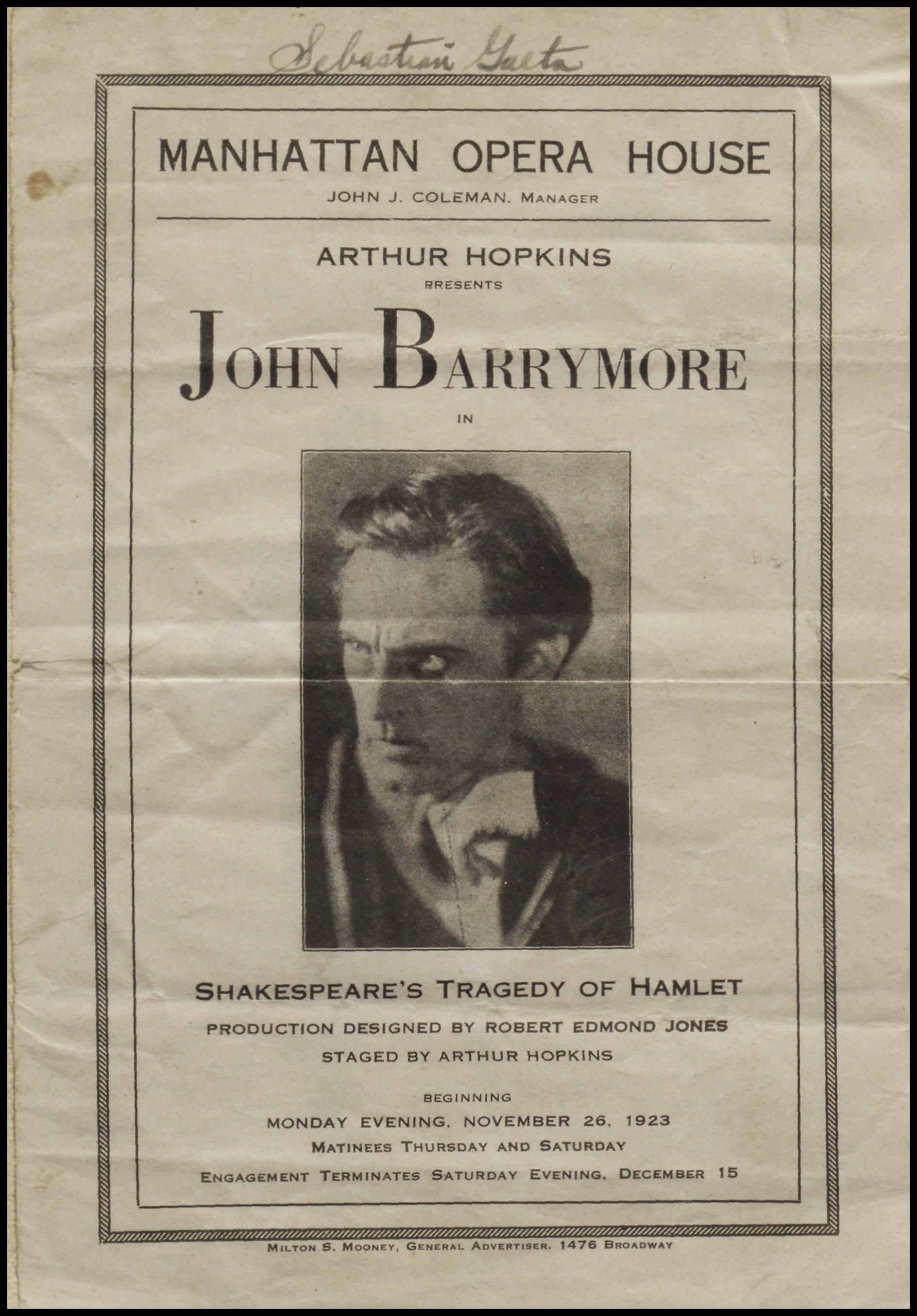Programme cover - Manhattan Opera House. Arthur Hopkins presents John Barrymore in Shakespeare's Tragedy of Hamlet