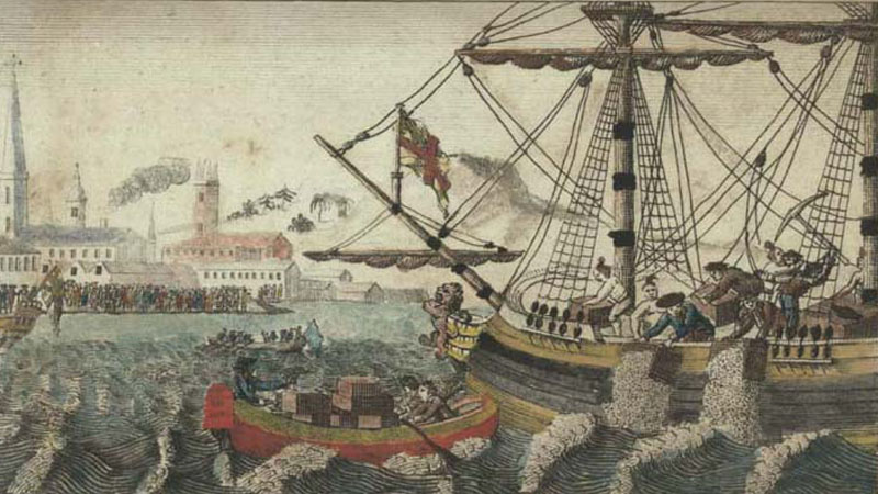Americans throwing the cargoes of tea ships into the river at Boston