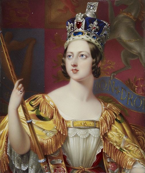 Portrait miniature of Hayter's 1838 state portrait of Queen Victoria. Part of the 'Bone Set of Enamels of the English Sovereigns and Queens from Edwd. III to Queen Victoria.'