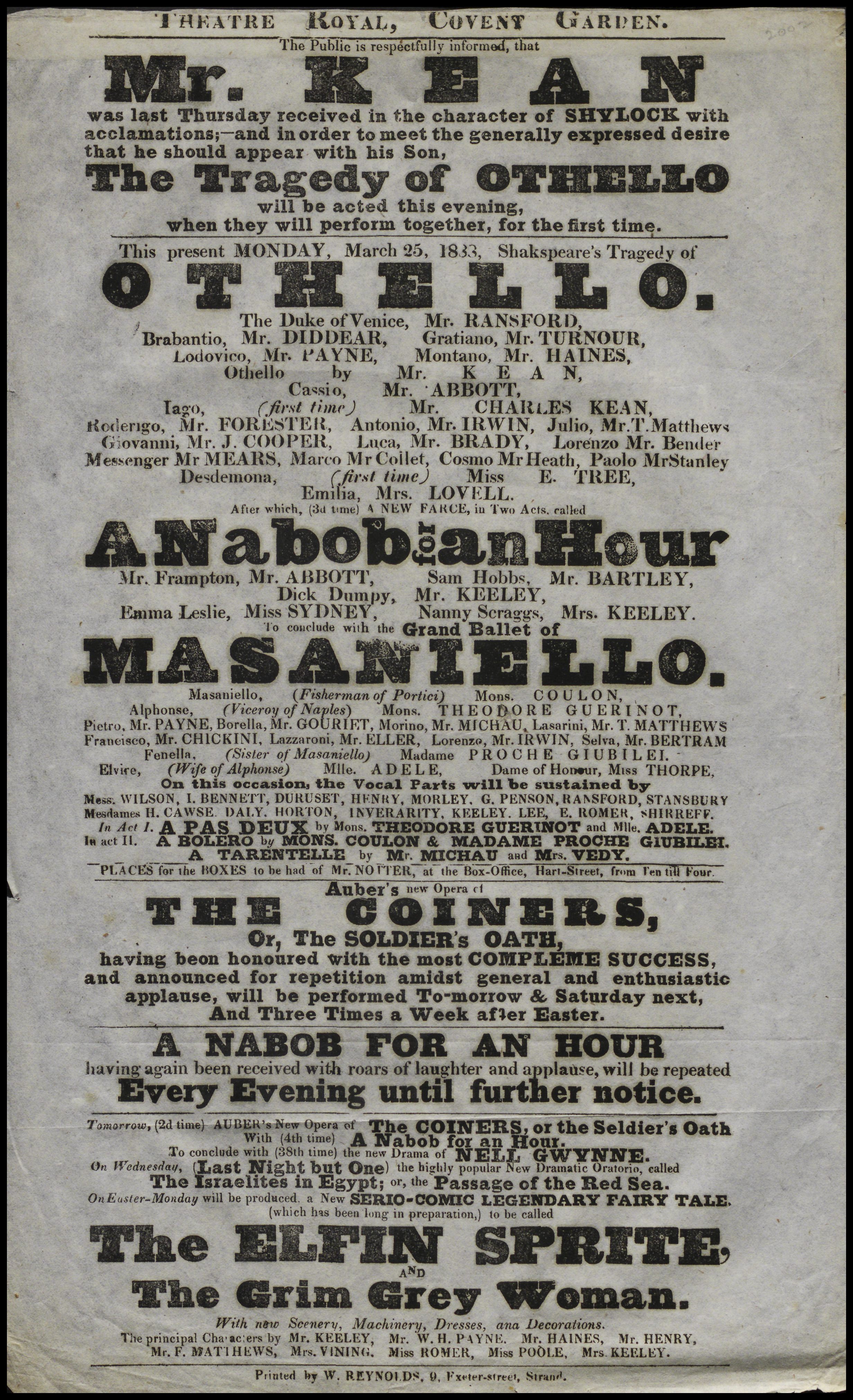 Playbill announcing the only time that Edmund Kean appeared on stage with his son Charles