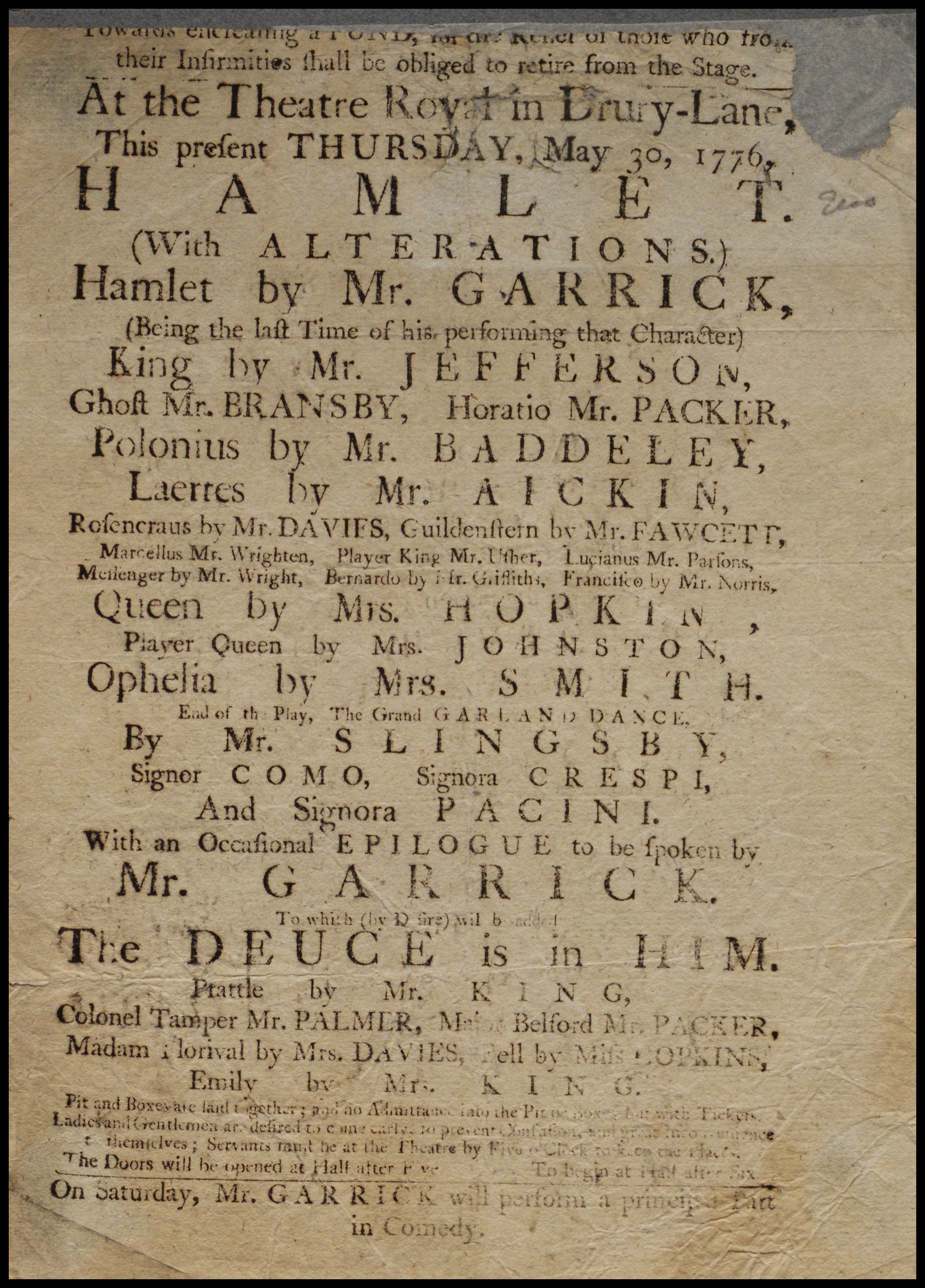 Playbill for a production of Hamlet at Drury Lane, 30 May 1776