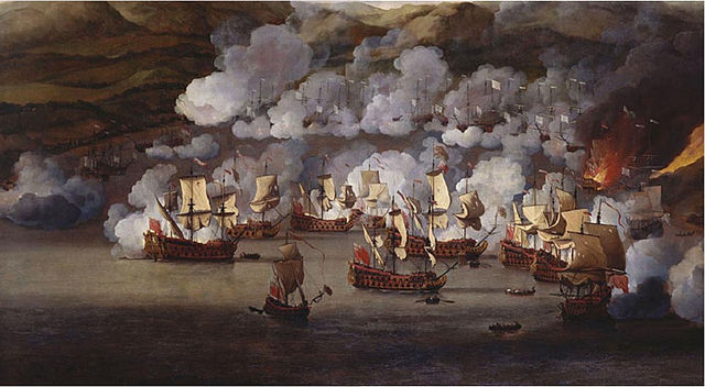 An image of The attack on the French ships at Martinique by Willem van de Velde the Younger (1675).