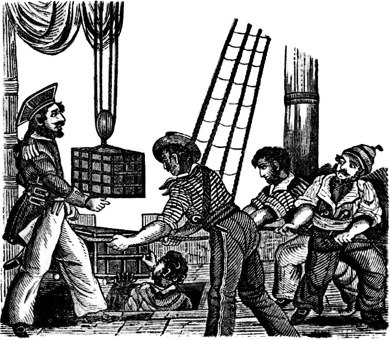 Henry Avery receiving three chests of treasure on board of his ship.