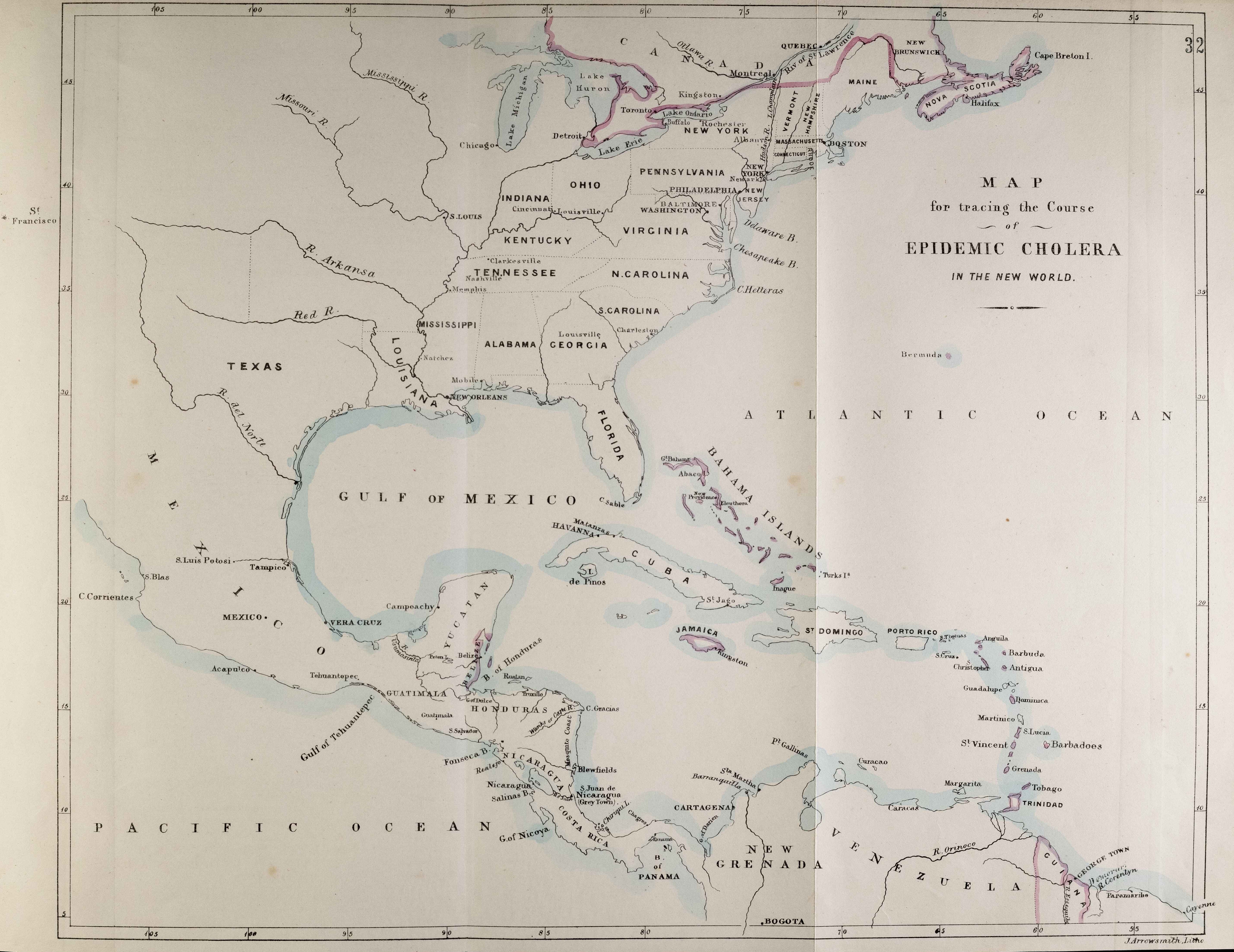 Map for tracing the course of epidemic cholerain the New World.