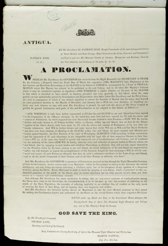 A proclamation issued in response to the Sam Sharpe rebellion.