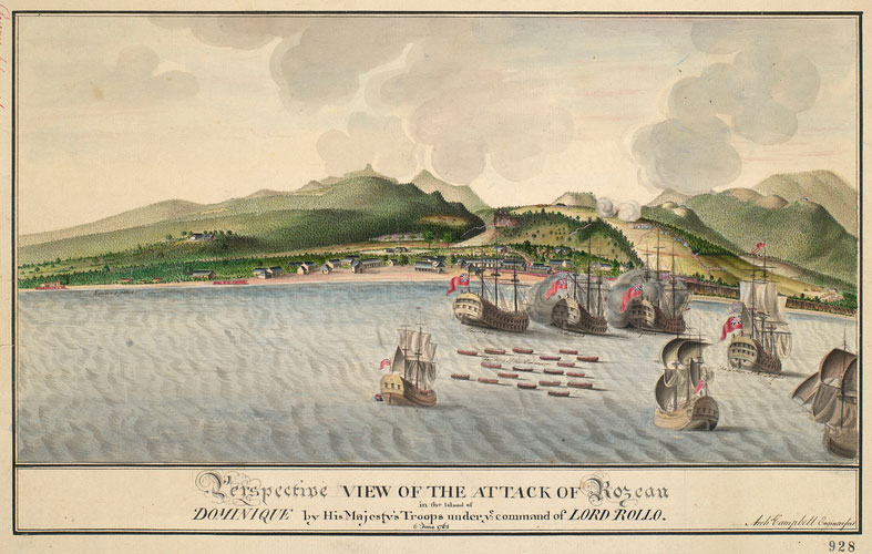 A painting depicting the British attack on Roseau, Dominica.