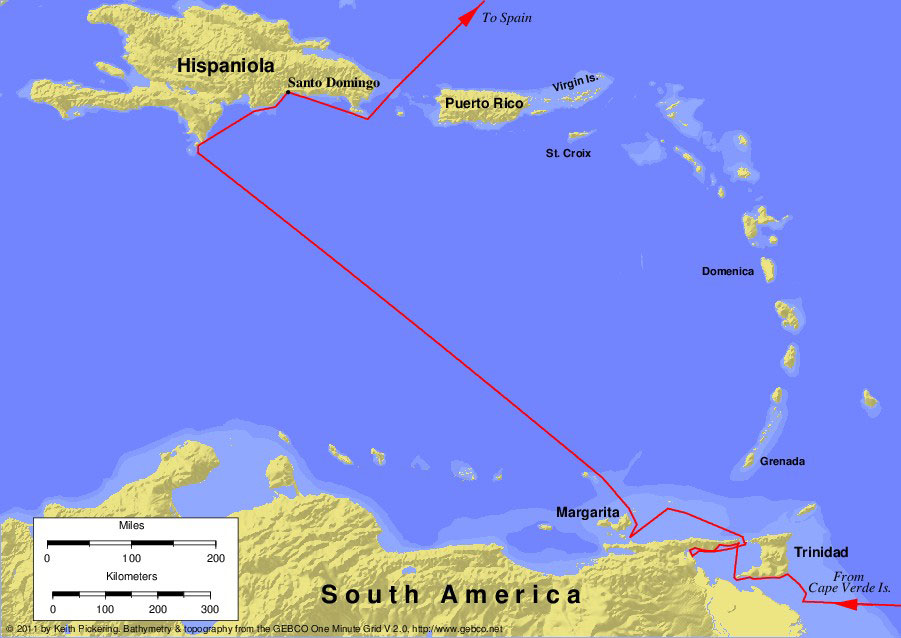 A map of Columbus' third voyage.