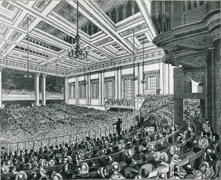 A meeting of the Anti-Corn Law League in Exeter Hall in 1846.